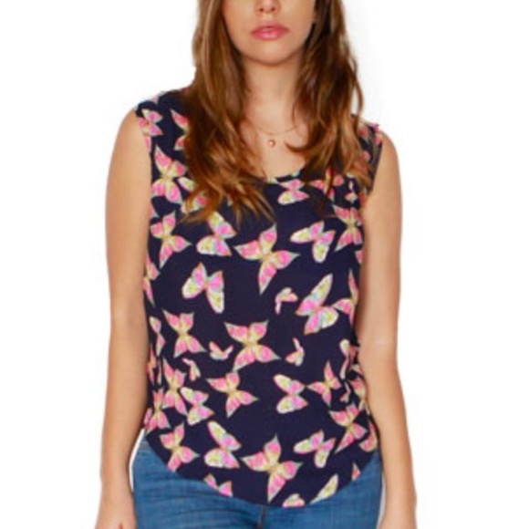 Blue Butterfly Sleeveless Blouse Tank Top - Picture 2 of 6